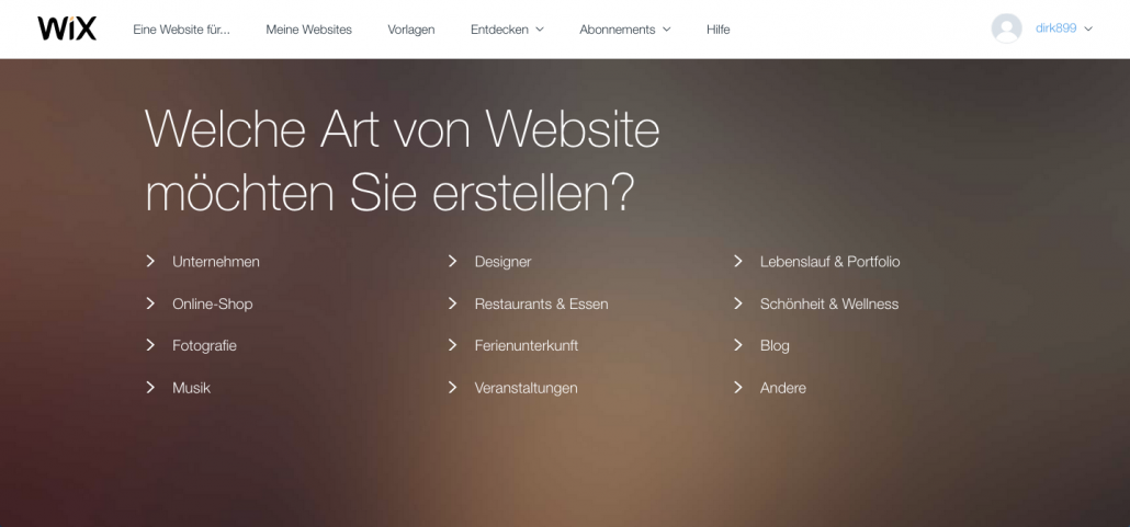 wix art der website waehlen