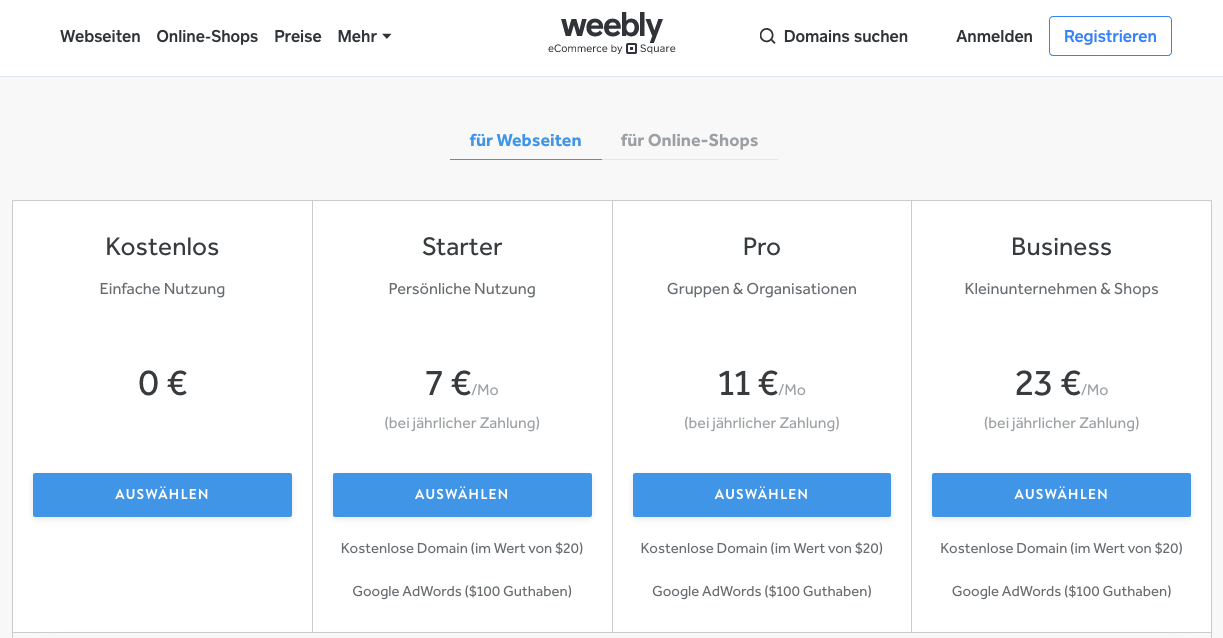 Weebly Preise